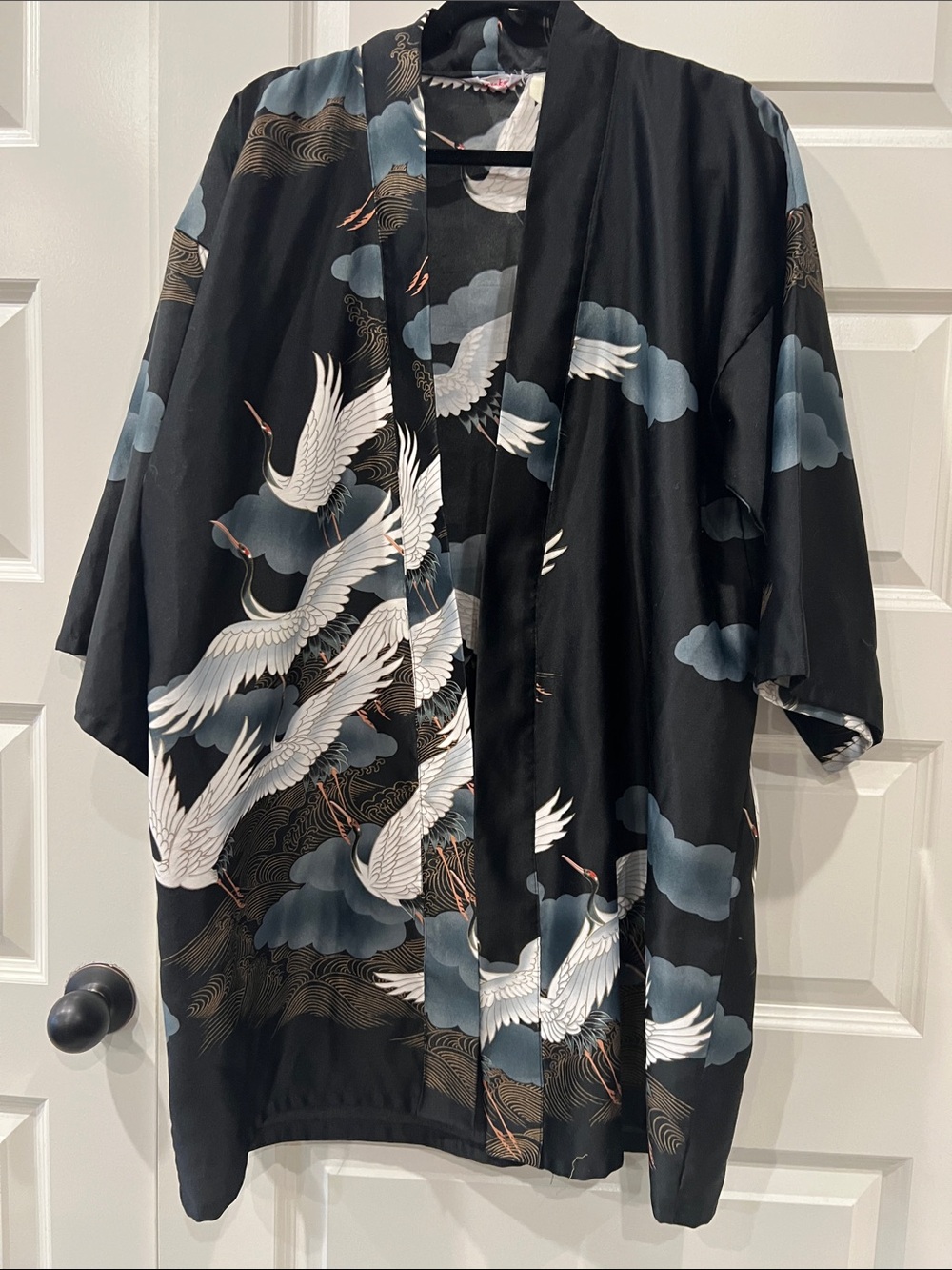 Black Crane Print Satin Kimono Robe Sz L